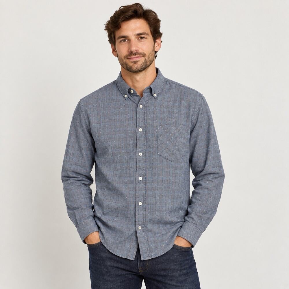 Billy Reid Standard Men’s Large Blue Micro Plaid Textured Button Down Shirt Lux